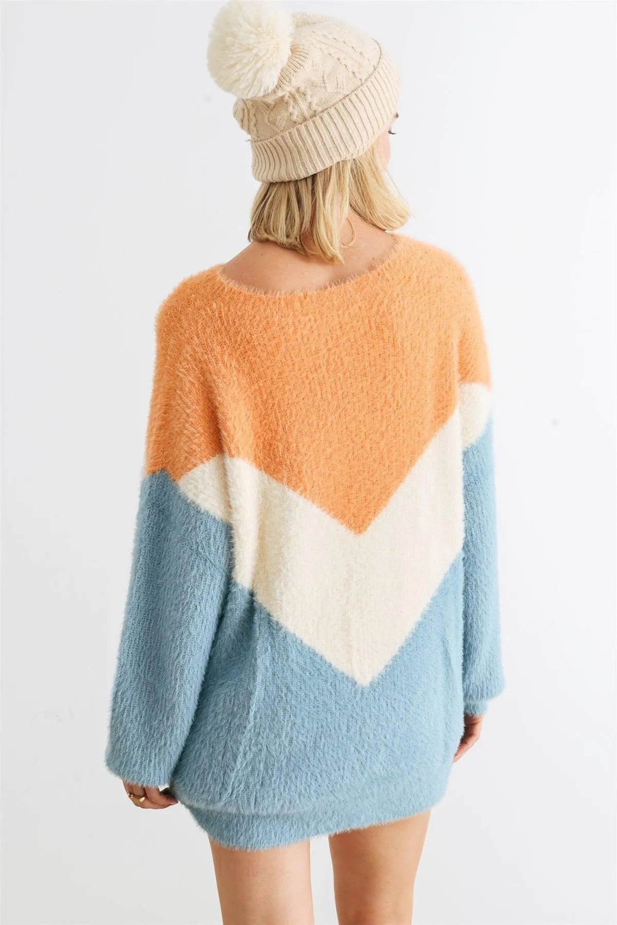 Apricot Natural Blue Colorblock Fuzzy Knit Long Sleeve Sweater /2-2-2 - Tasha Apparel Wholesale