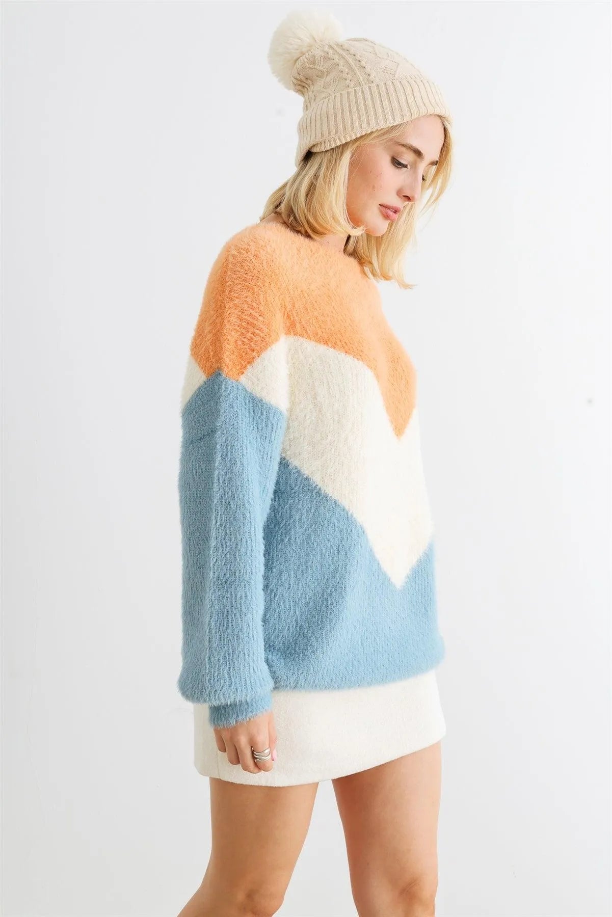 Apricot Natural Blue Colorblock Fuzzy Knit Long Sleeve Sweater /2-2-2 - Tasha Apparel Wholesale