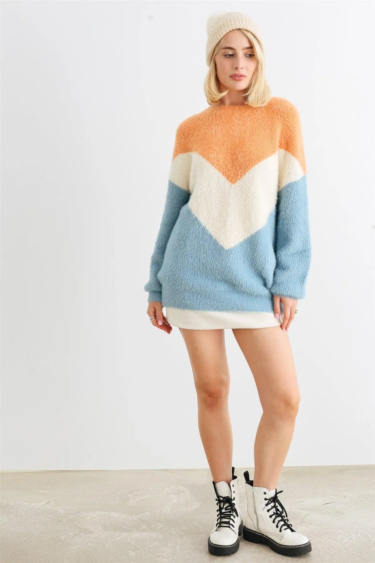 Apricot Natural Blue Colorblock Fuzzy Knit Long Sleeve Sweater /2-2-2 - Tasha Apparel Wholesale