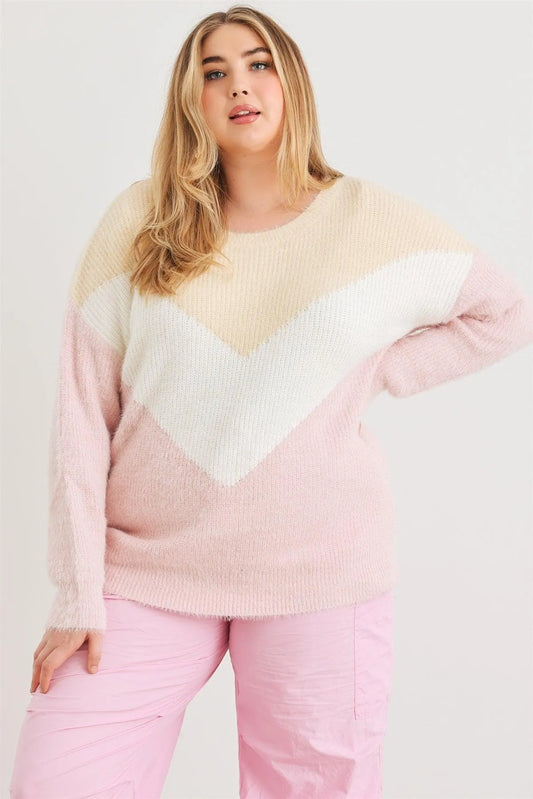 Junior Plus Cream Ivory Blush Colorblock Fuzzy Knit Long Sleeve Sweater /3-2-1 - Tasha Apparel Wholesale