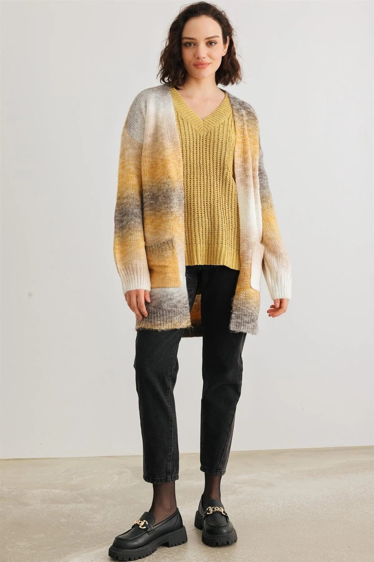 Brown Multi Knit Two Pocket Open Front Cardigan /2-2-2 - Tasha Apparel Wholesale