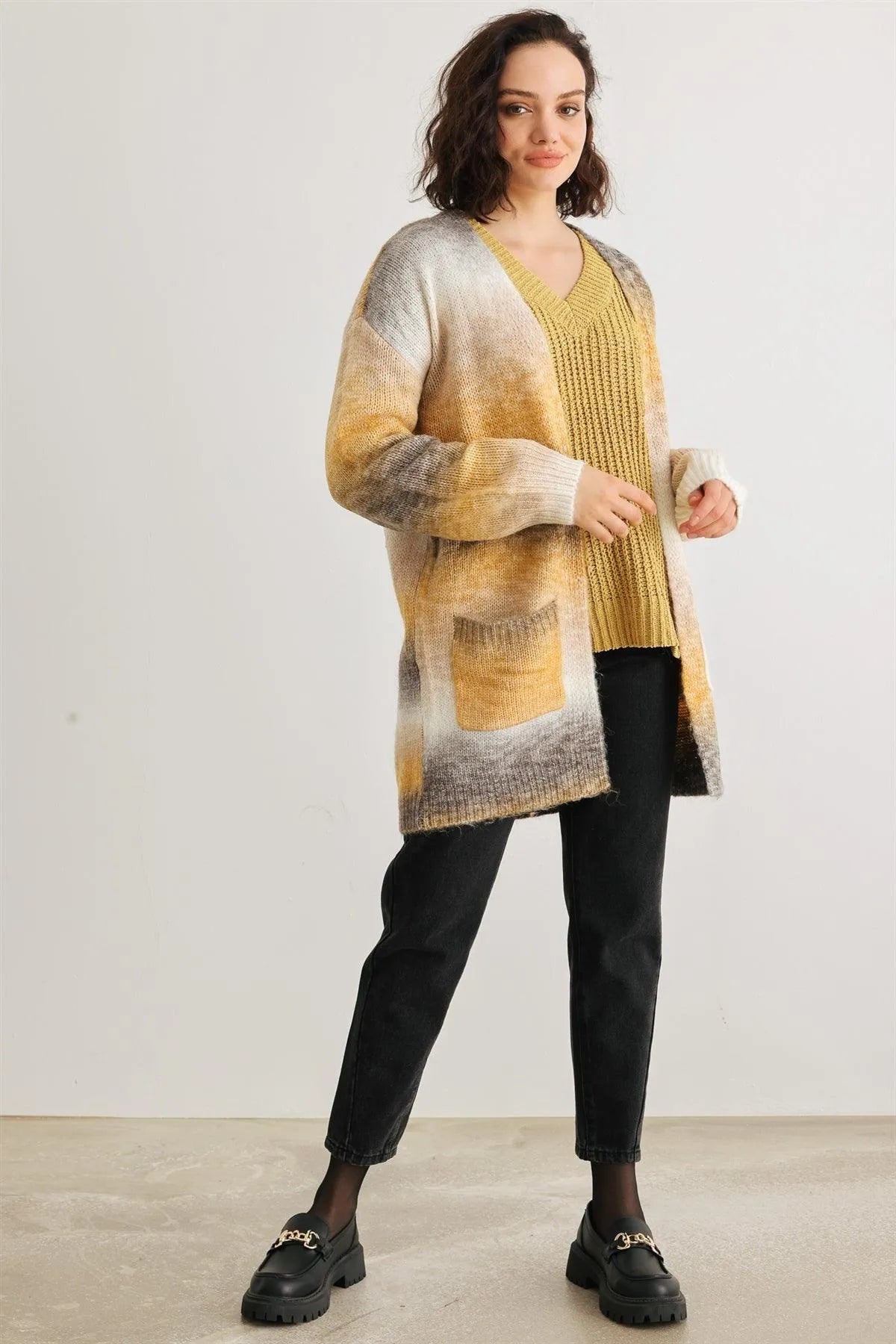 Brown Multi Knit Two Pocket Open Front Cardigan /2-2-2 - Tasha Apparel Wholesale
