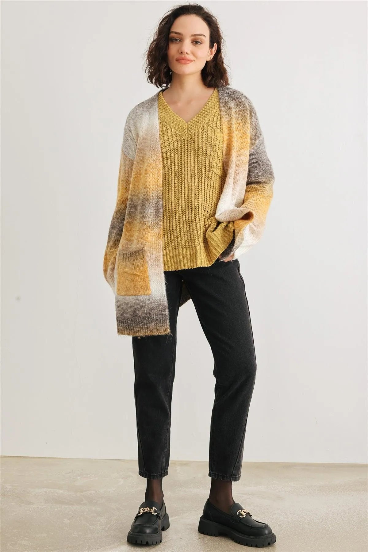 Brown Multi Knit Two Pocket Open Front Cardigan /2-2-2 - Tasha Apparel Wholesale