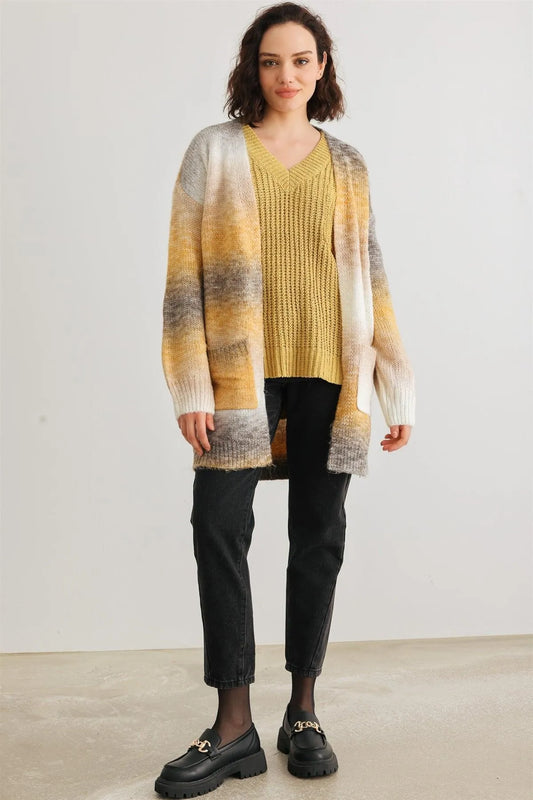 Brown Multi Knit Two Pocket Open Front Cardigan /3-2-2 - Tasha Apparel Wholesale