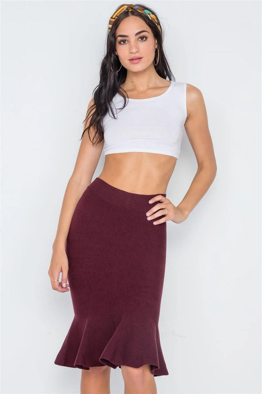 Burgundy Ribbed Knit Midi Skirt /4-2 - Tasha Apparel Wholesale
