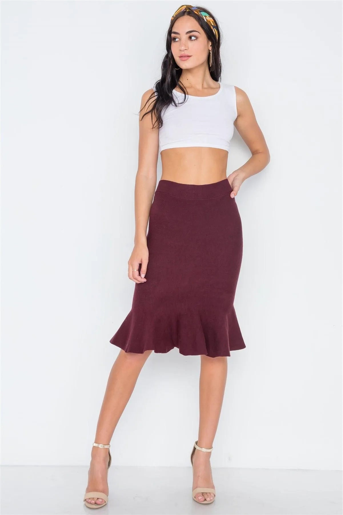 Burgundy Ribbed Knit Midi Skirt /4-2 - Tasha Apparel Wholesale