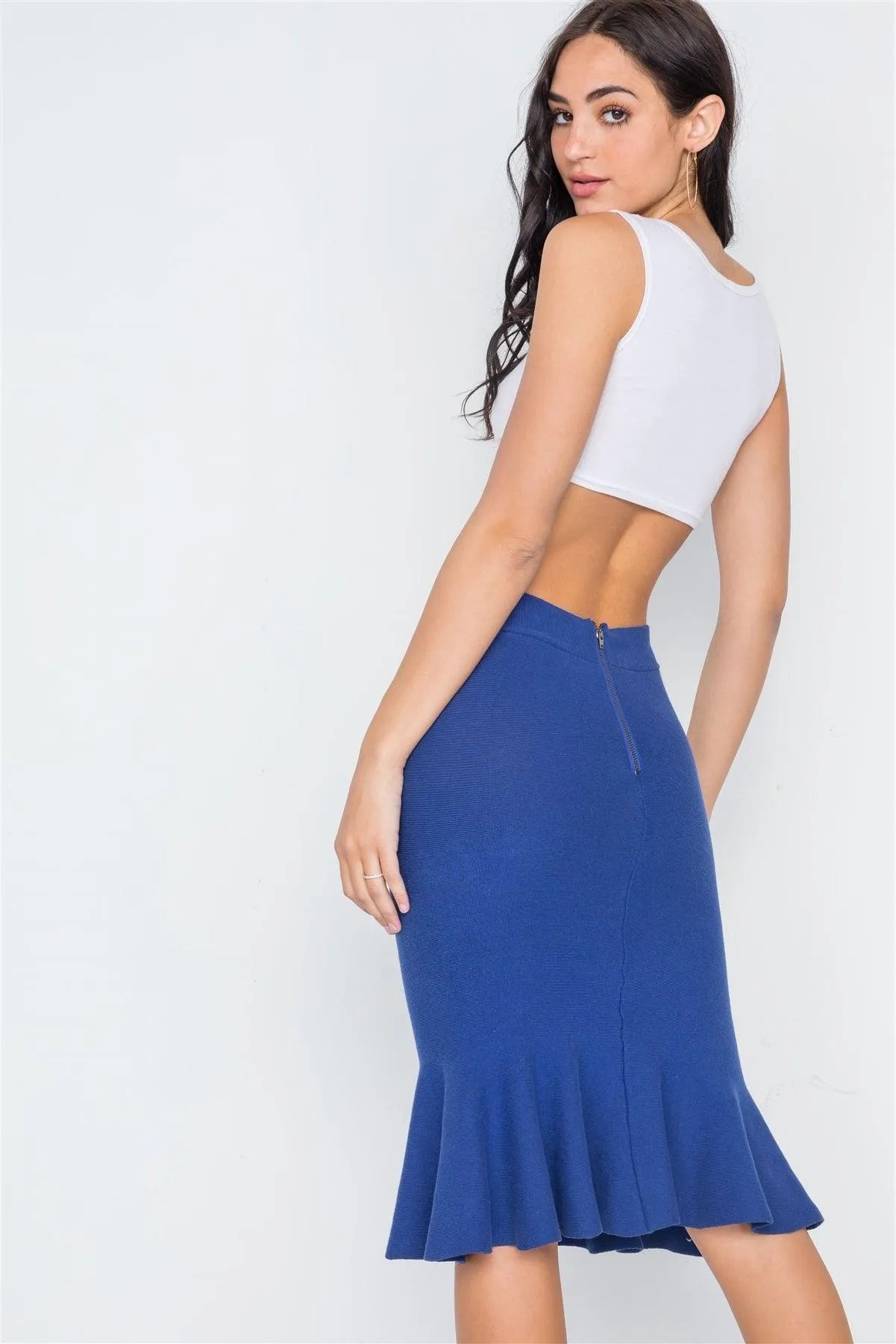Blue Ribbed Knit Midi Skirt /4-2 - Tasha Apparel Wholesale