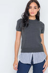 Charcoal Short Puff Sleeve Combo Stripe Sweater /4-2 - Tasha Apparel Wholesale