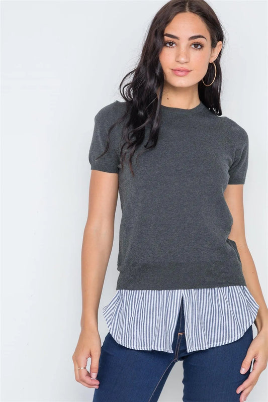 Charcoal Short Puff Sleeve Combo Stripe Sweater /4-2 - Tasha Apparel Wholesale