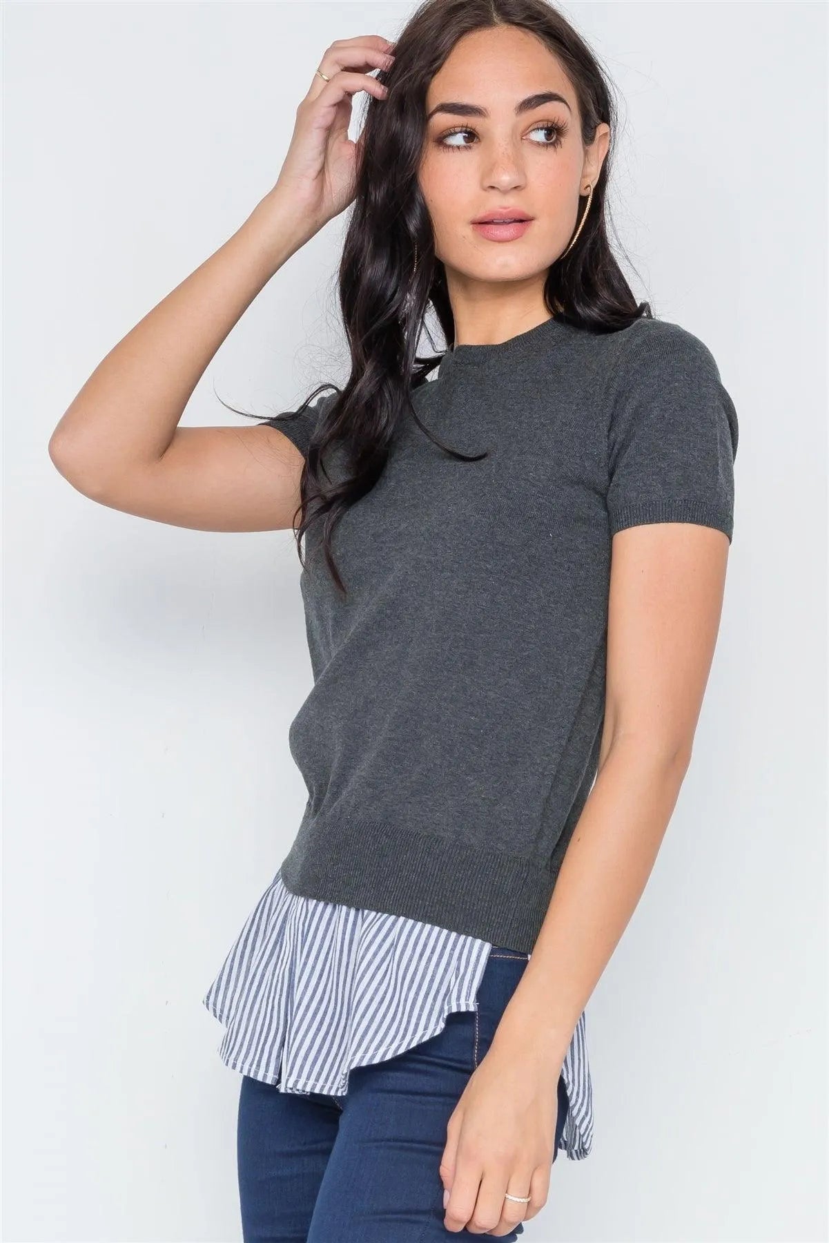 Charcoal Short Puff Sleeve Combo Stripe Sweater /4-2 - Tasha Apparel Wholesale