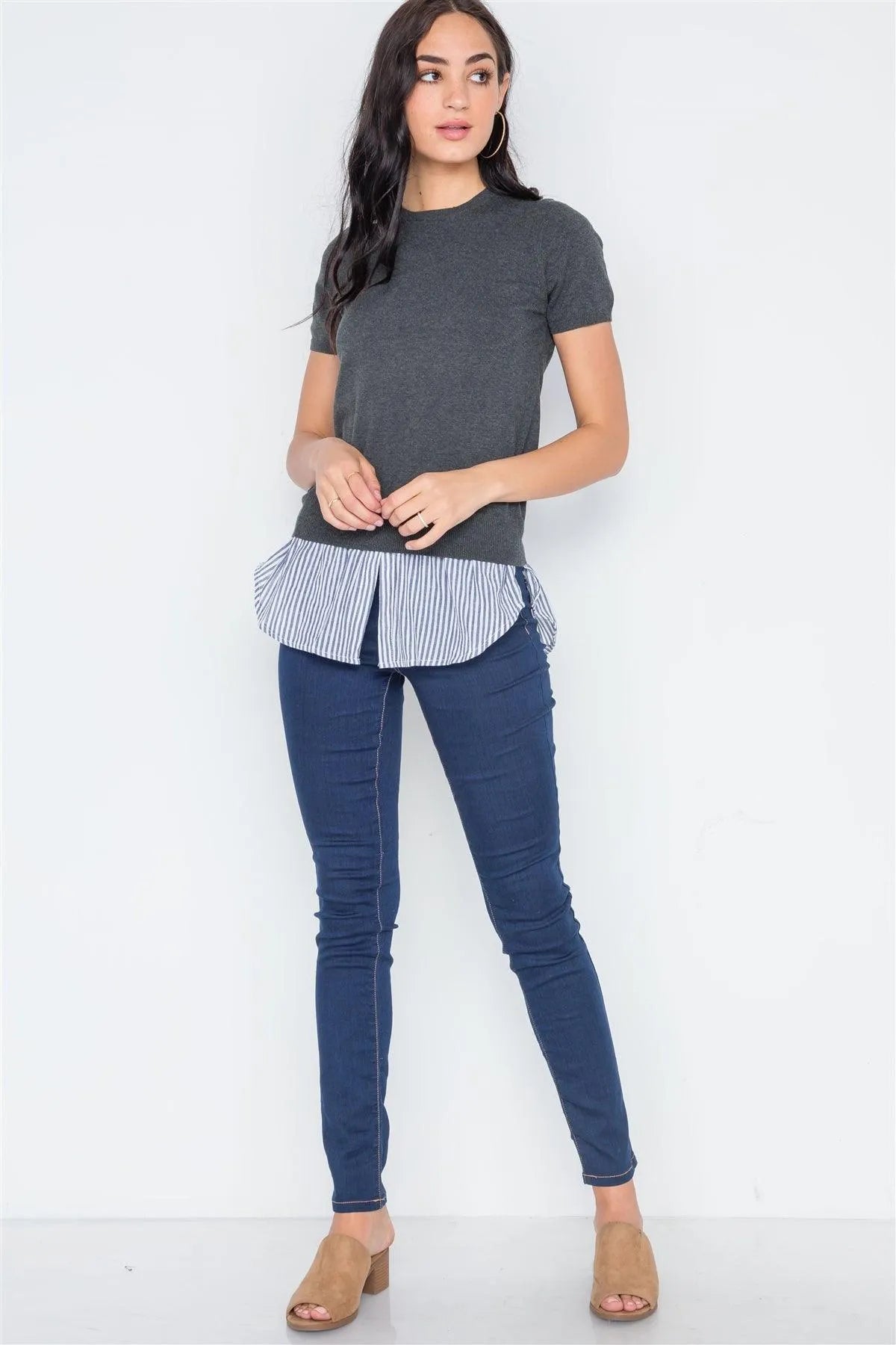 Charcoal Short Puff Sleeve Combo Stripe Sweater /4-2 - Tasha Apparel Wholesale