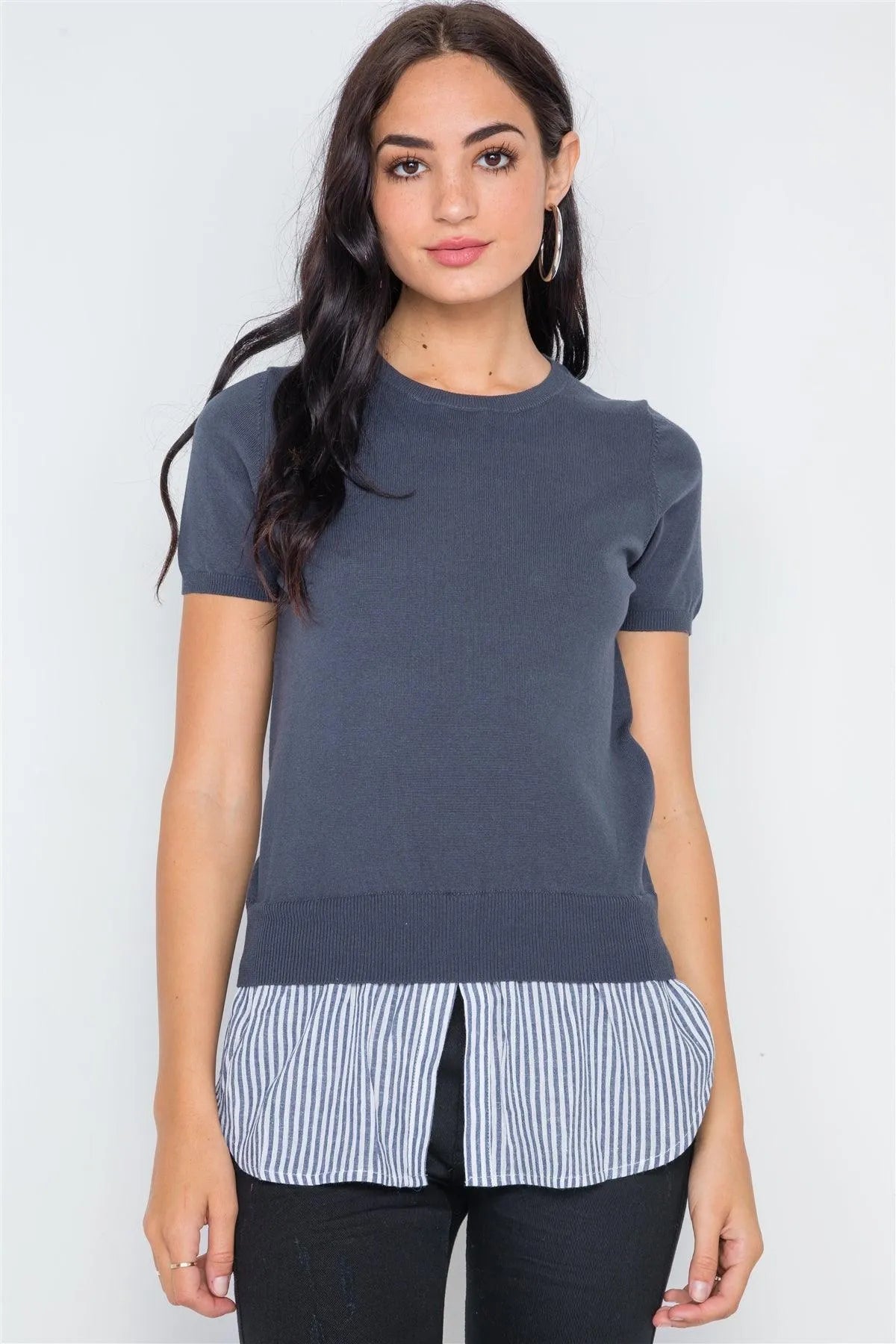 Navy Short Sleeve Combo Stripe Sweater /4-2 - Tasha Apparel Wholesale
