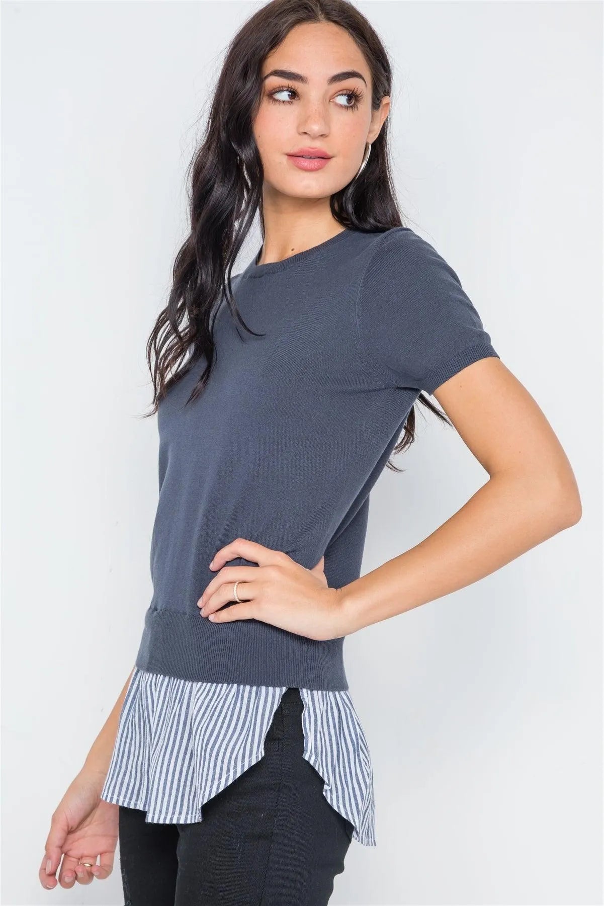 Navy Short Sleeve Combo Stripe Sweater /4-2 - Tasha Apparel Wholesale