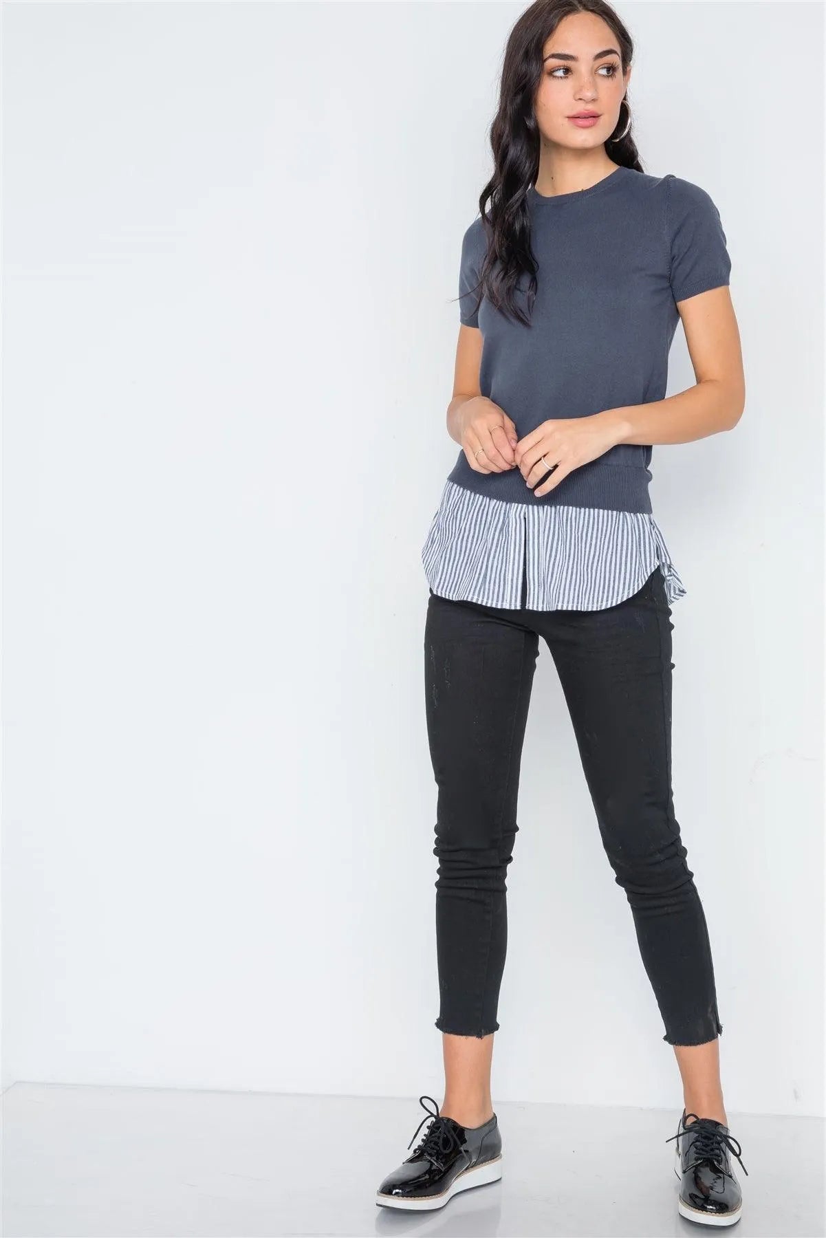 Navy Short Sleeve Combo Stripe Sweater /4-2 - Tasha Apparel Wholesale