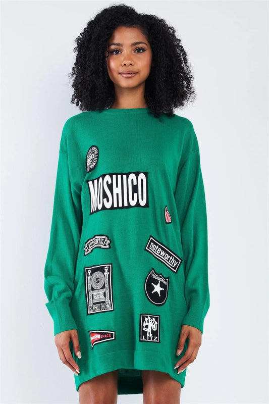 Noteworthy Green Multi Color Patch Loose Fit Crew-Neck Long Sleeve Oversized Tunic Sweater Mini Dress /4-2 - Tasha Apparel Wholesale