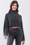 Charcoal Knit Turtleneck Balloon Sleeve Cropped Sweater - Tasha Apparel Wholesale