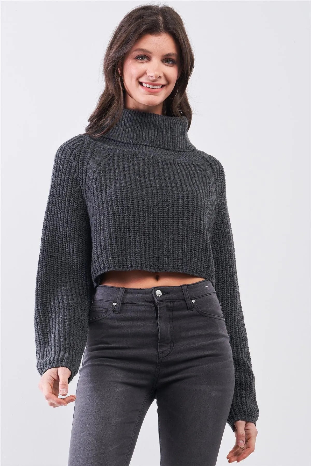 Charcoal Knit Turtleneck Balloon Sleeve Cropped Sweater - Tasha Apparel Wholesale