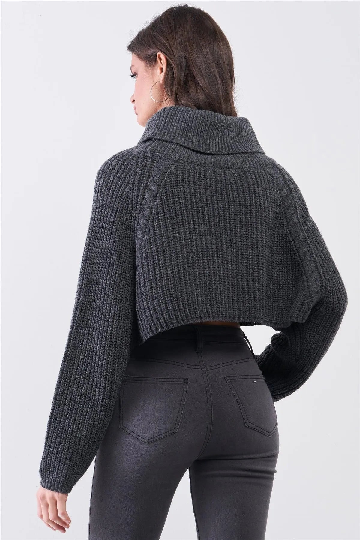 Charcoal Knit Turtleneck Balloon Sleeve Cropped Sweater - Tasha Apparel Wholesale