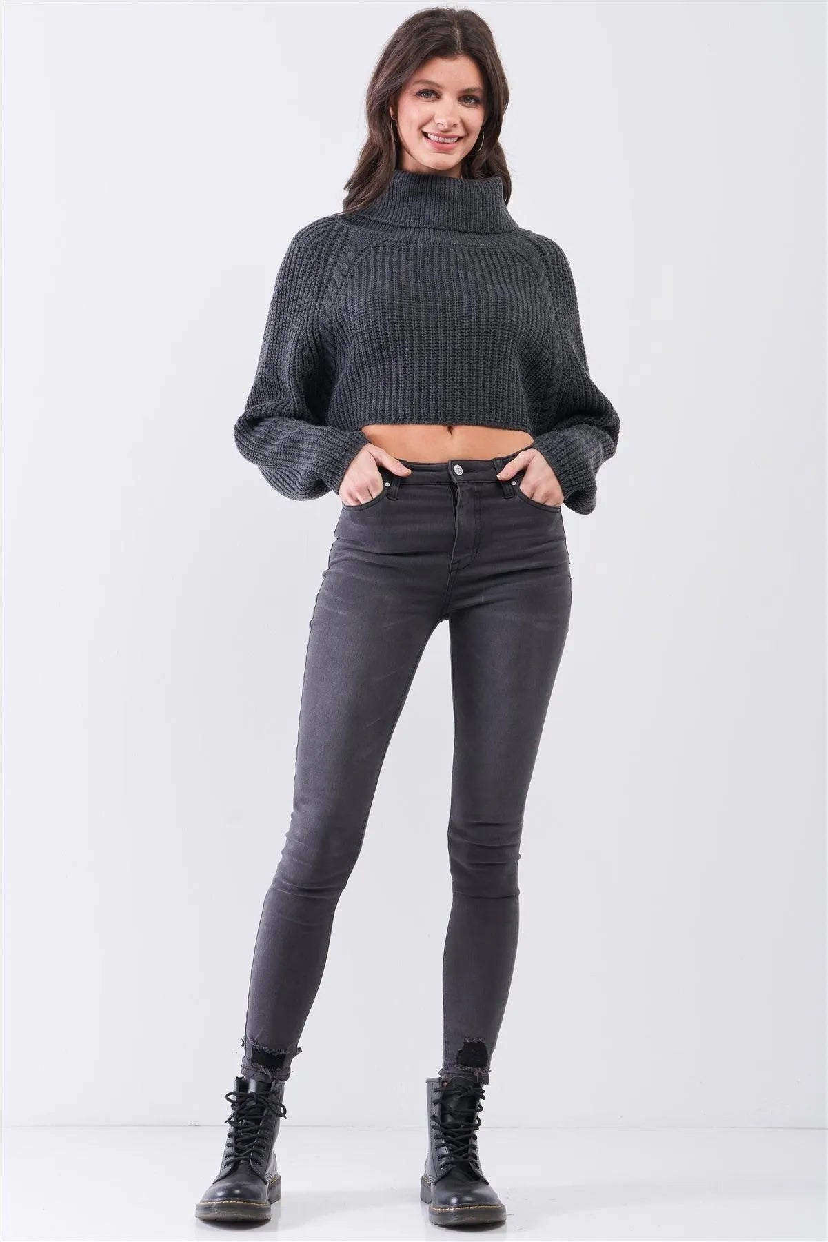 Charcoal Knit Turtleneck Balloon Sleeve Cropped Sweater - Tasha Apparel Wholesale