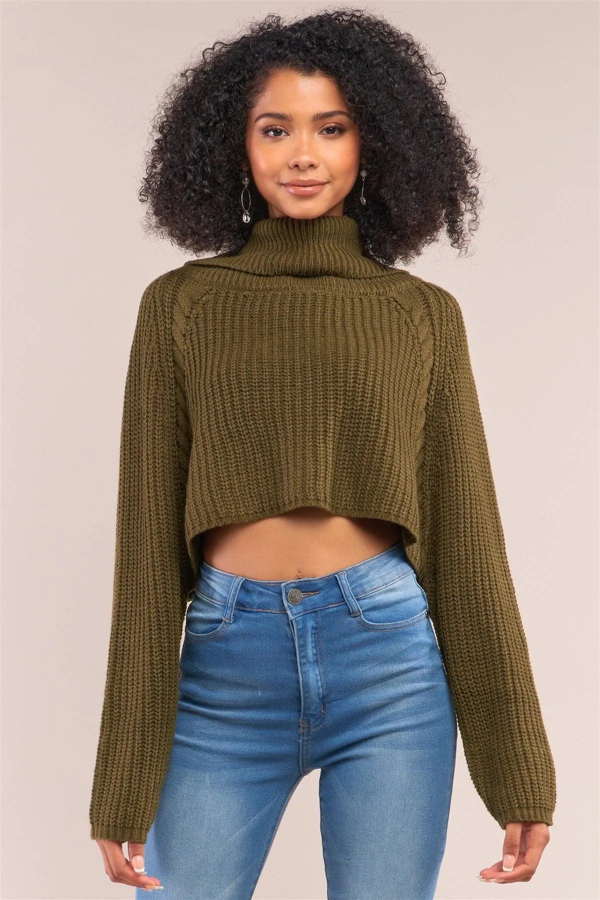 Olive Knit Turtleneck Balloon Sleeve Cropped Sweater /4-2 - Tasha Apparel Wholesale