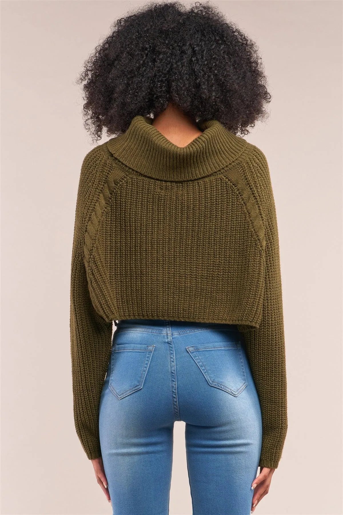 Olive Knit Turtleneck Balloon Sleeve Cropped Sweater /4-2 - Tasha Apparel Wholesale
