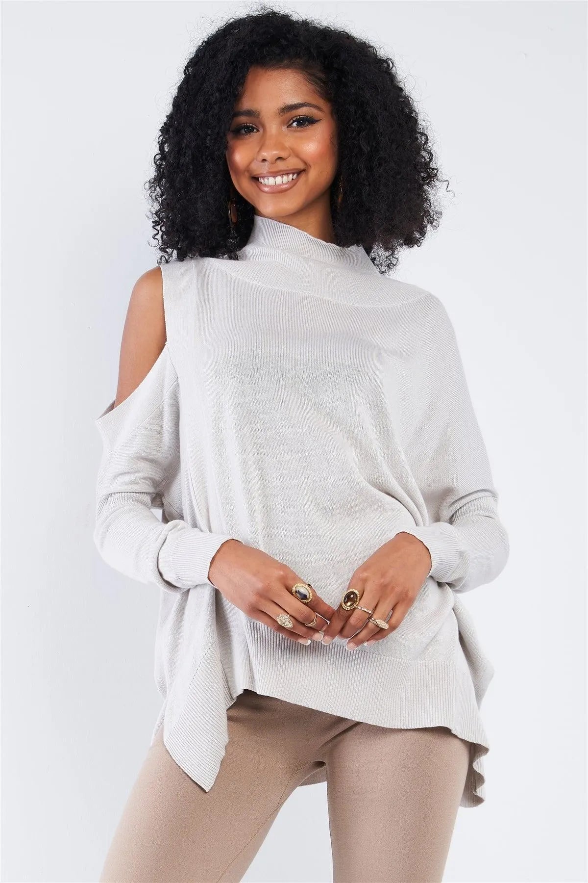 Silver Peek-A-Boo Shoulder Turtle Neck Sweater /4-2 - Tasha Apparel Wholesale