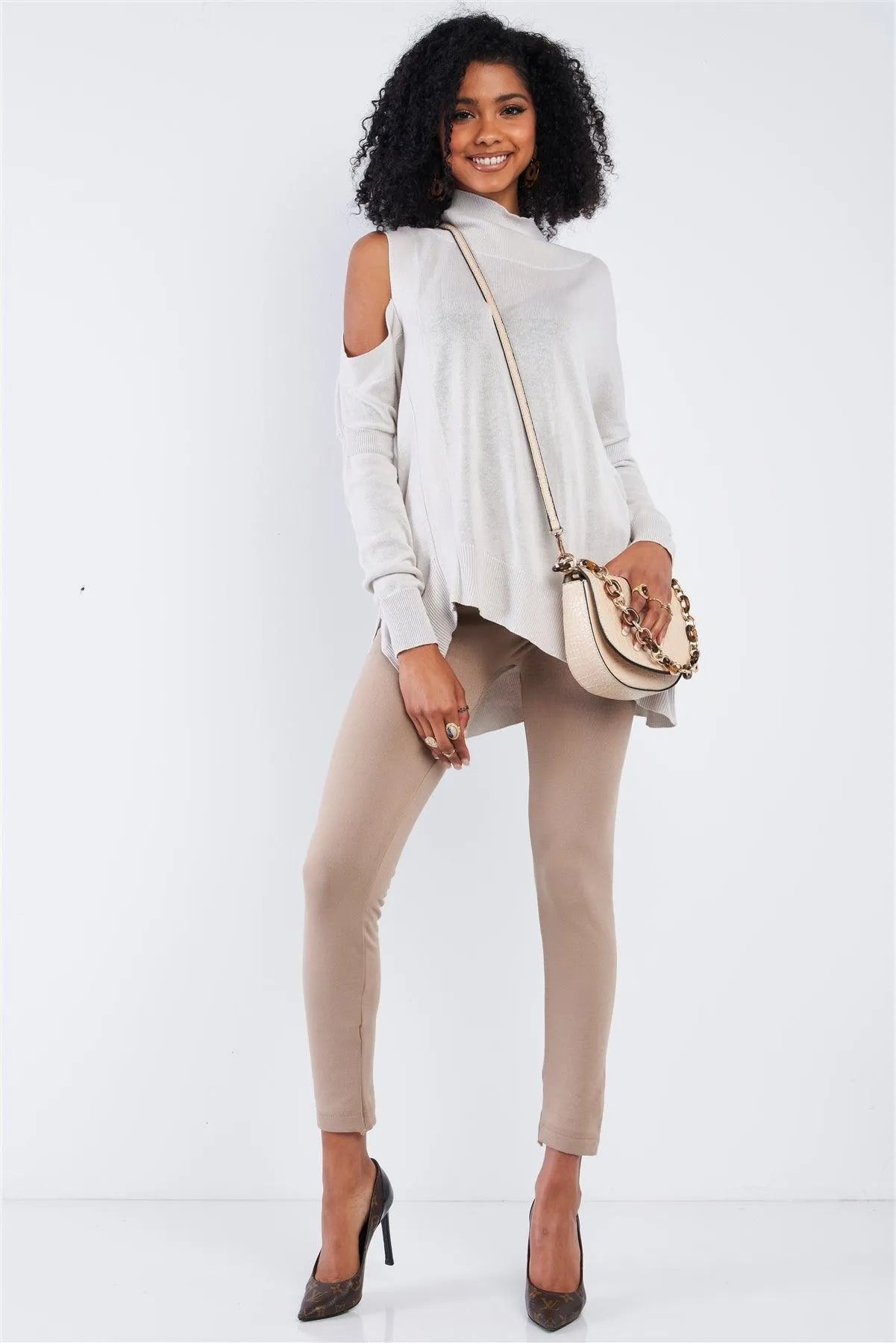 Silver Peek-A-Boo Shoulder Turtle Neck Sweater /4-2 - Tasha Apparel Wholesale