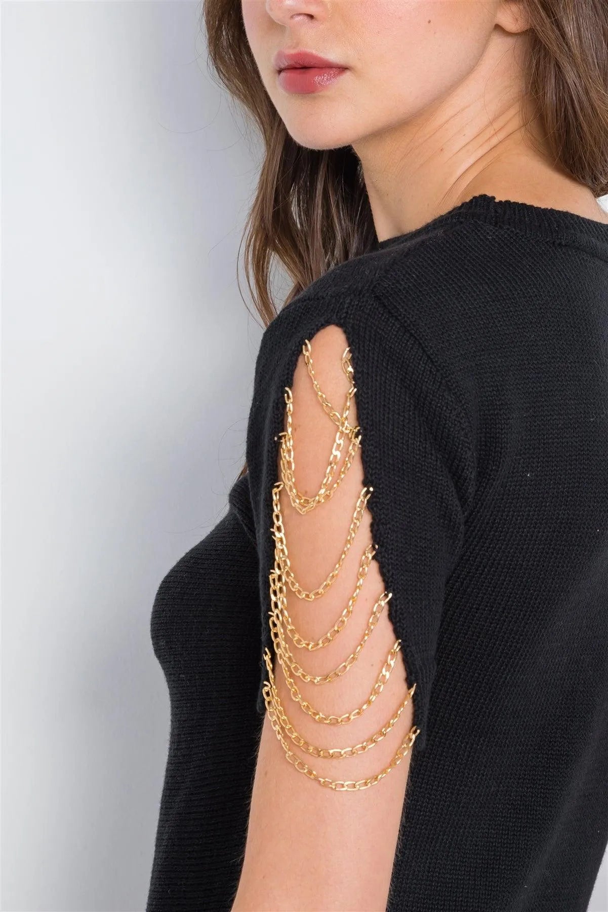 Black Chain Sleeves Cut Out Knit Top /4-2 - Tasha Apparel Wholesale
