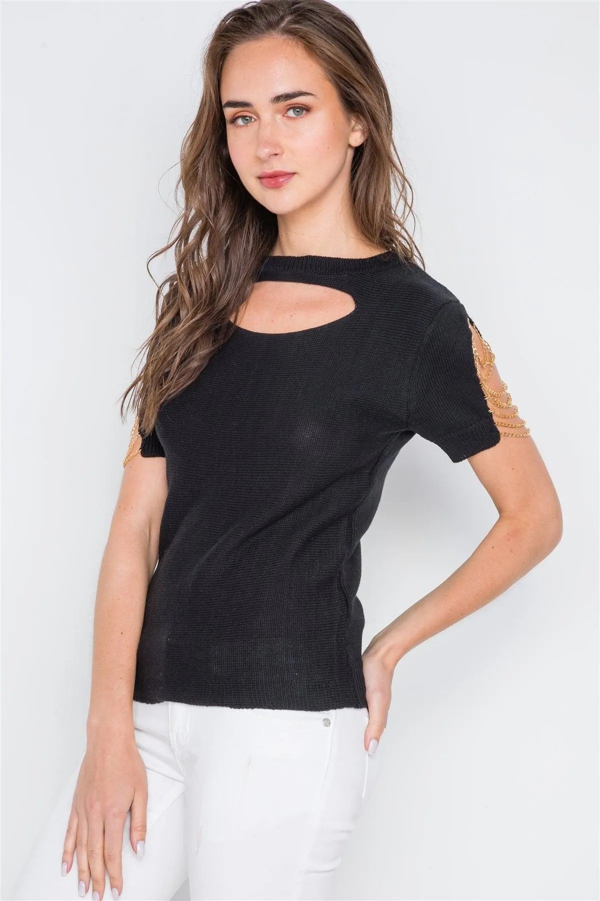 Black Chain Sleeves Cut Out Knit Top /4-2 - Tasha Apparel Wholesale