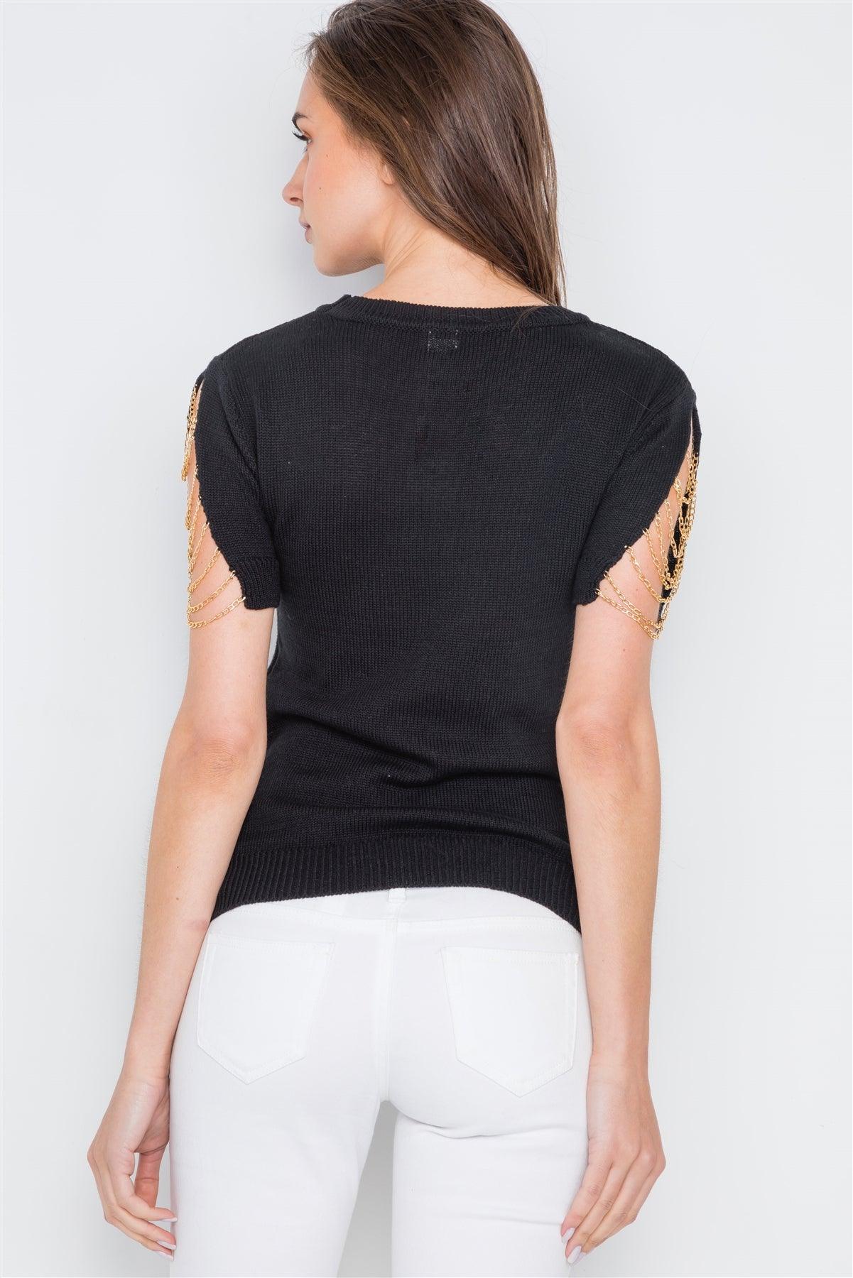 Black Chain Sleeves Cut Out Knit Top /4-2