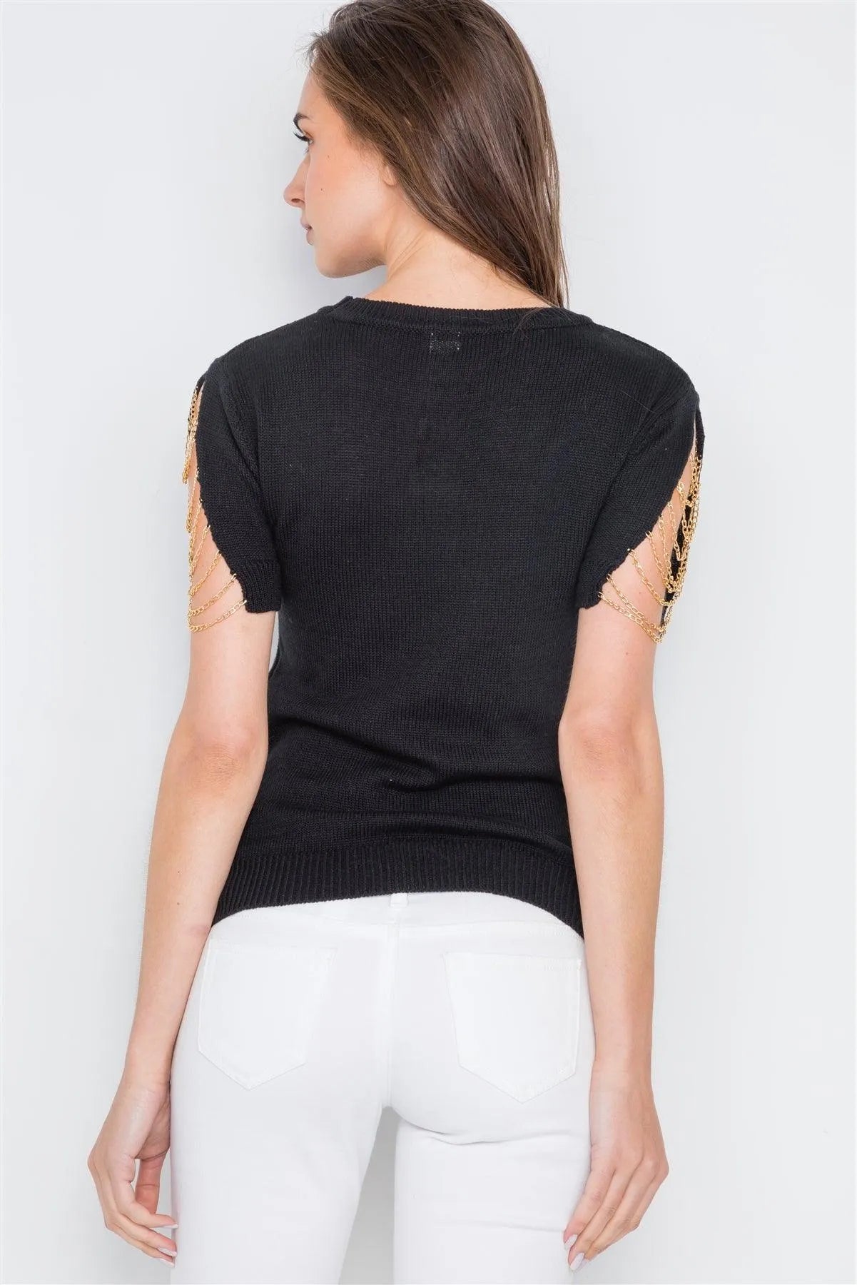 Black Chain Sleeves Cut Out Knit Top /4-2 - Tasha Apparel Wholesale