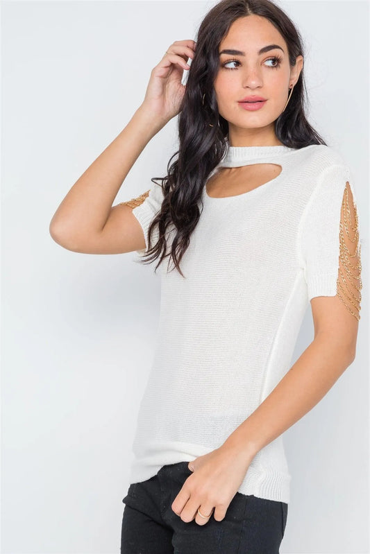 Off White Chain Sleeves Cut Out Knit Top /4-2 - Tasha Apparel Wholesale