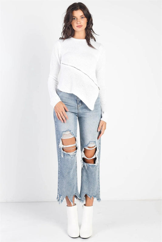 White Knit Asymmetrical Hem Zip Detail Sweater /4-2 - Tasha Apparel Wholesale