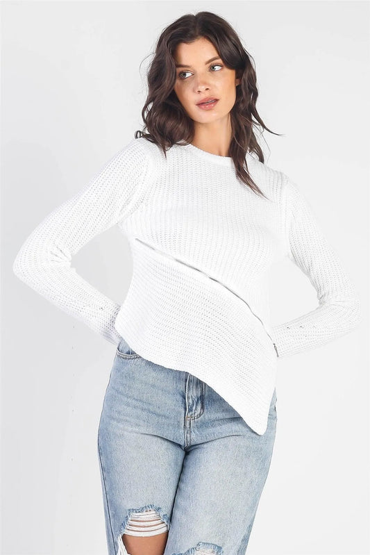 White Knit Asymmetrical Hem Zip Detail Sweater /4-3 - Tasha Apparel Wholesale