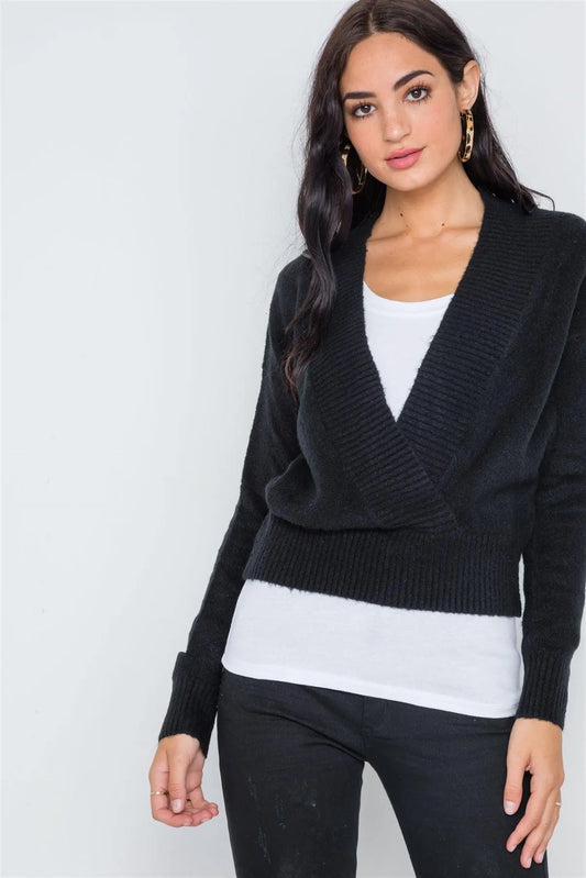 Black Knit Deep V-Neck Surplice Long Sleeve Sweater - Tasha Apparel Wholesale