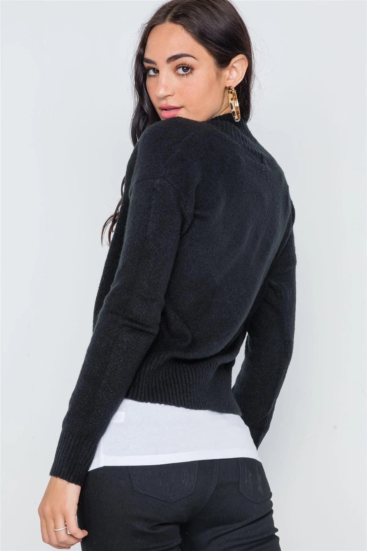 Black Knit Deep V-Neck Surplice Long Sleeve Sweater - Tasha Apparel Wholesale