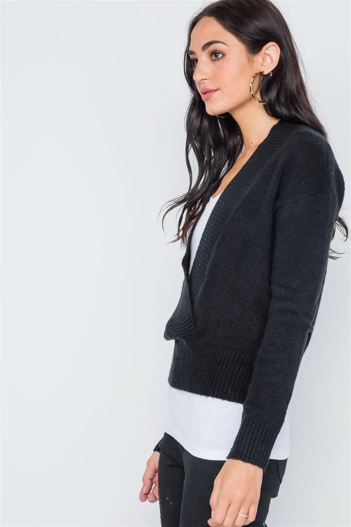 Black Knit Deep V-Neck Surplice Long Sleeve Sweater - Tasha Apparel Wholesale