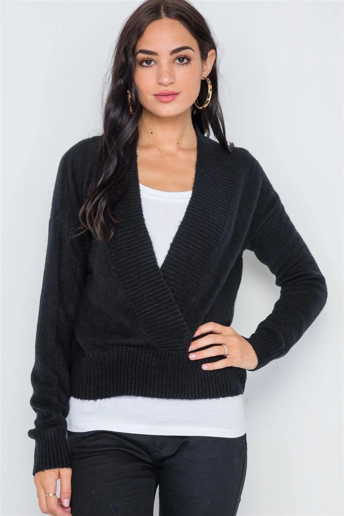 Black Knit Deep V-Neck Surplice Long Sleeve Sweater - Tasha Apparel Wholesale