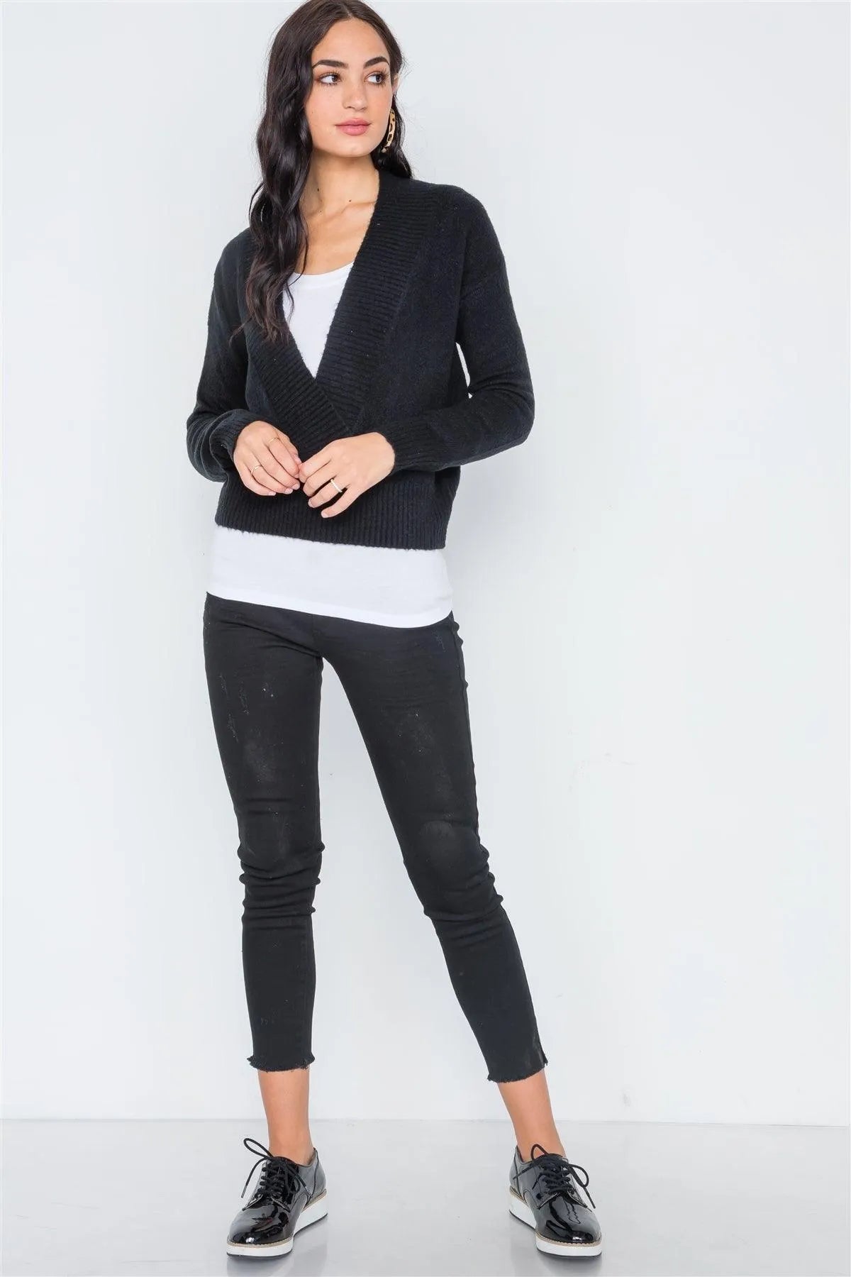 Black Knit Deep V-Neck Surplice Long Sleeve Sweater - Tasha Apparel Wholesale