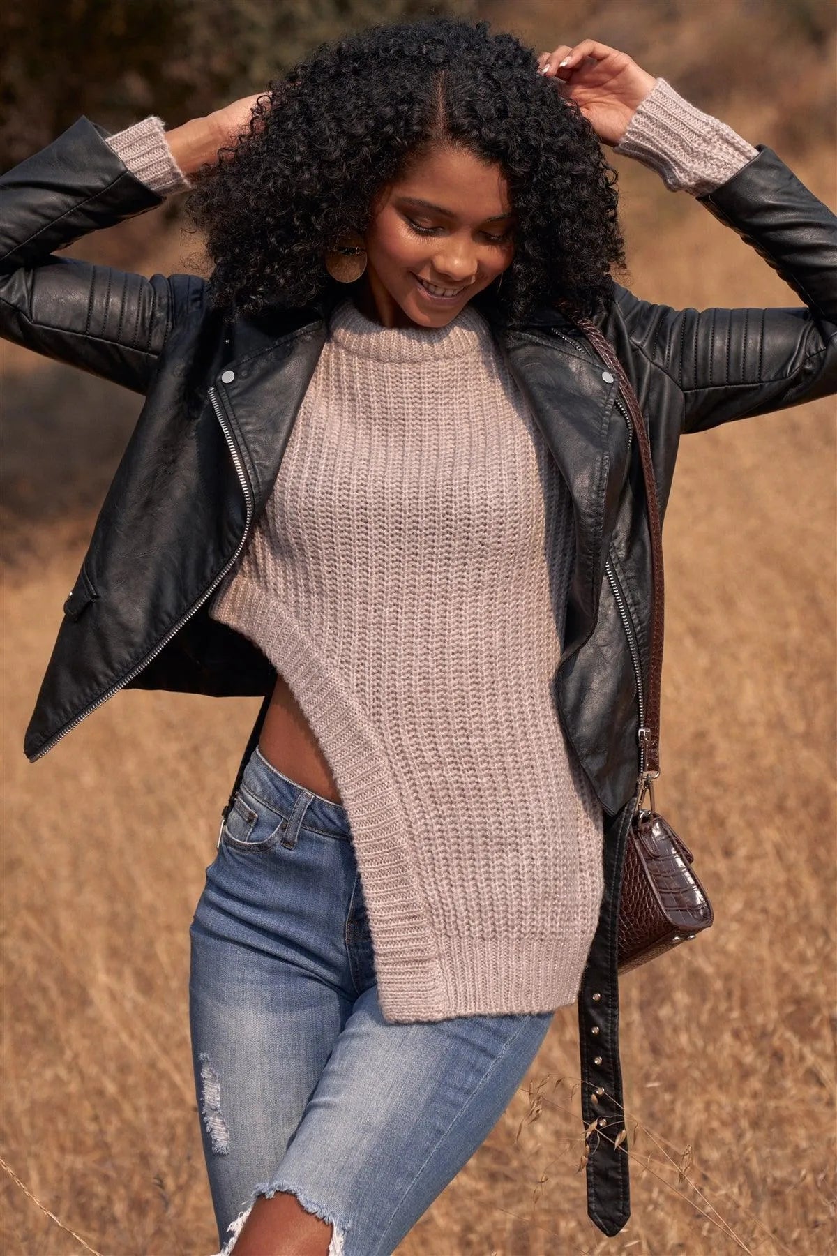Grey Long Sleeve Asymmetrical Hem Sweater /2-2 - Tasha Apparel Wholesale