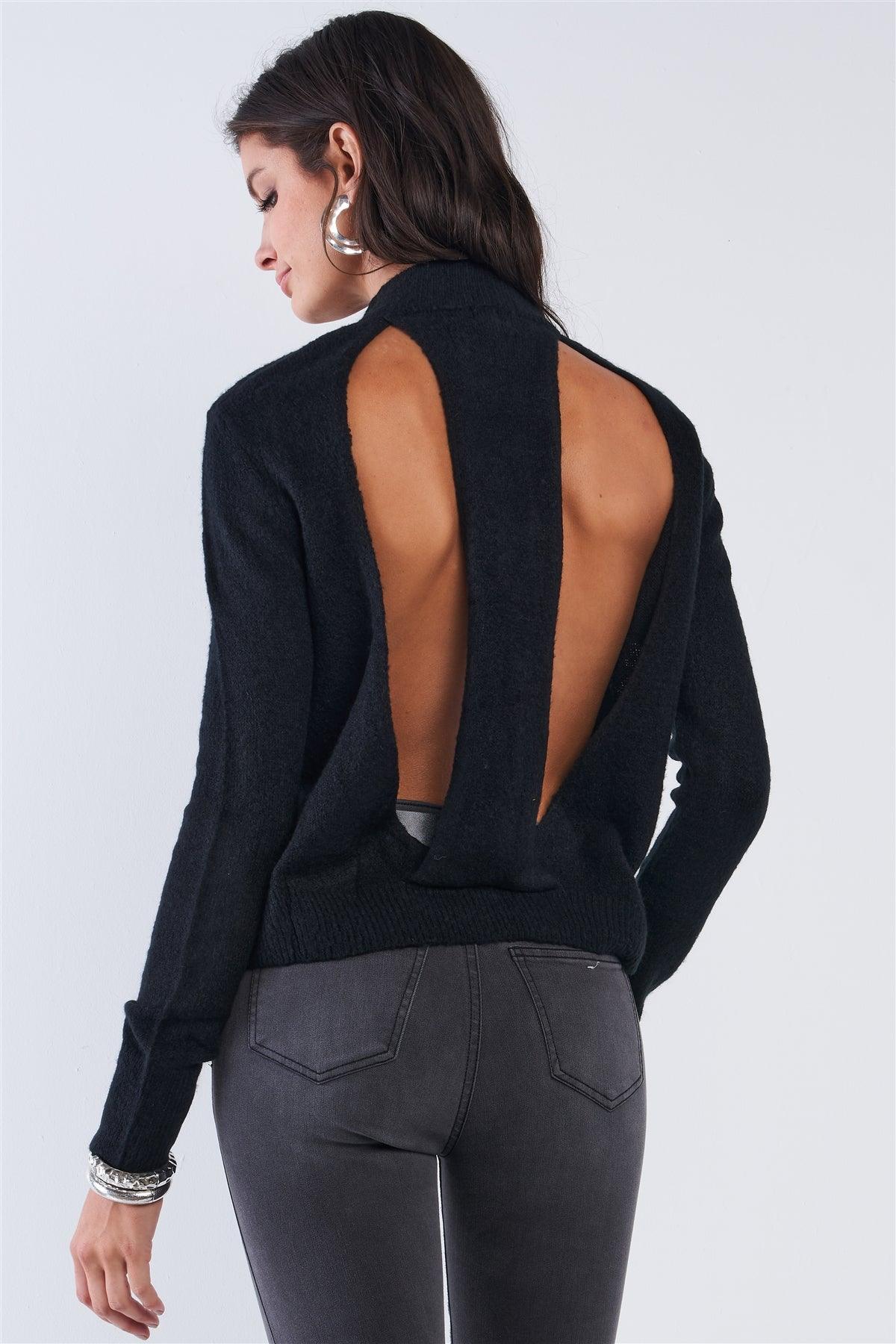 Black Cozy Cashmere Open Back Angel Wing Cut Long Sleeve Soft Sweater /4-2