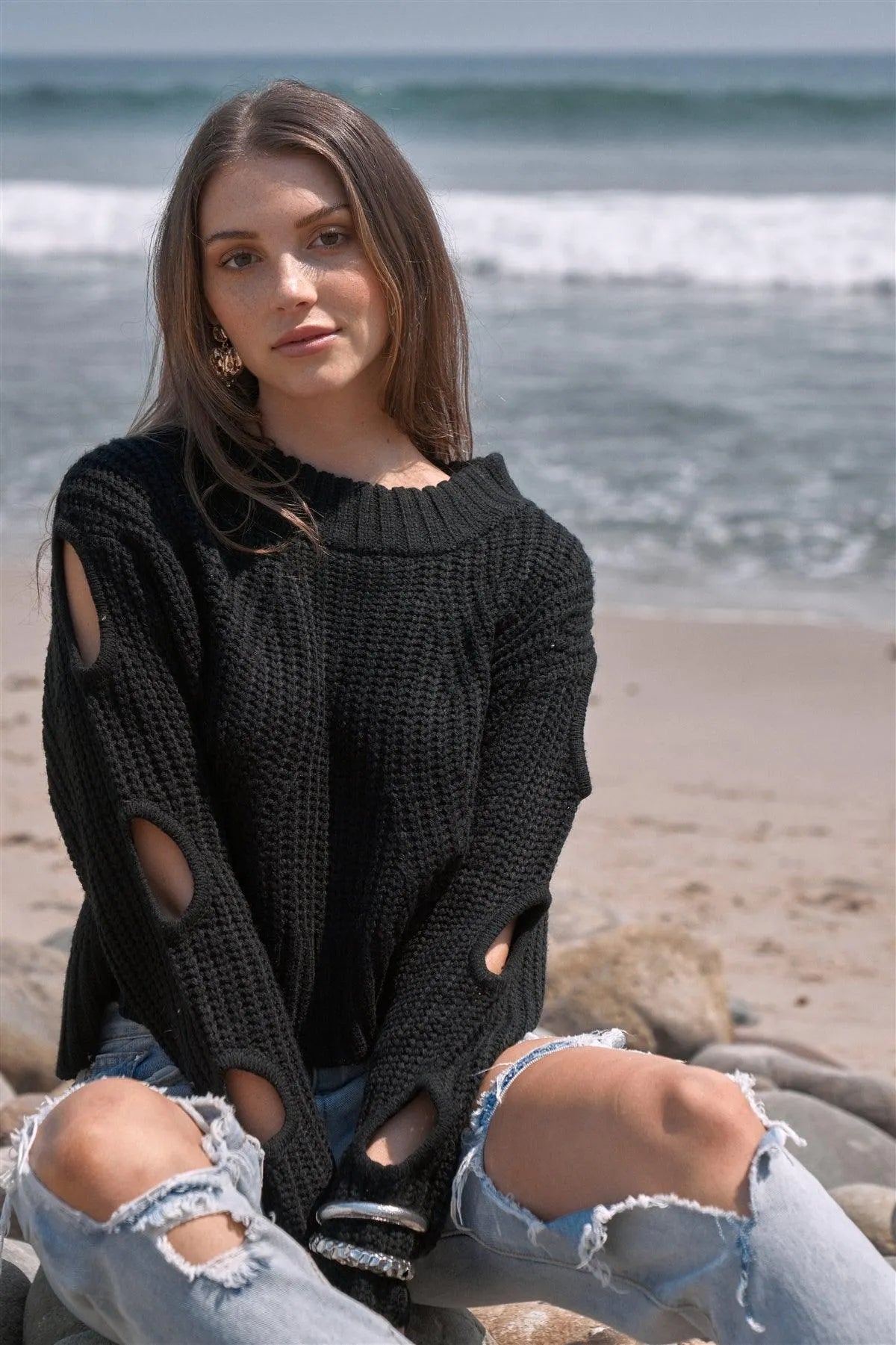 Cozy Days Black Round Neck Long Cut-Out Detail Sleeve Cable Knit Cropped Sweater /4-2 - Tasha Apparel Wholesale