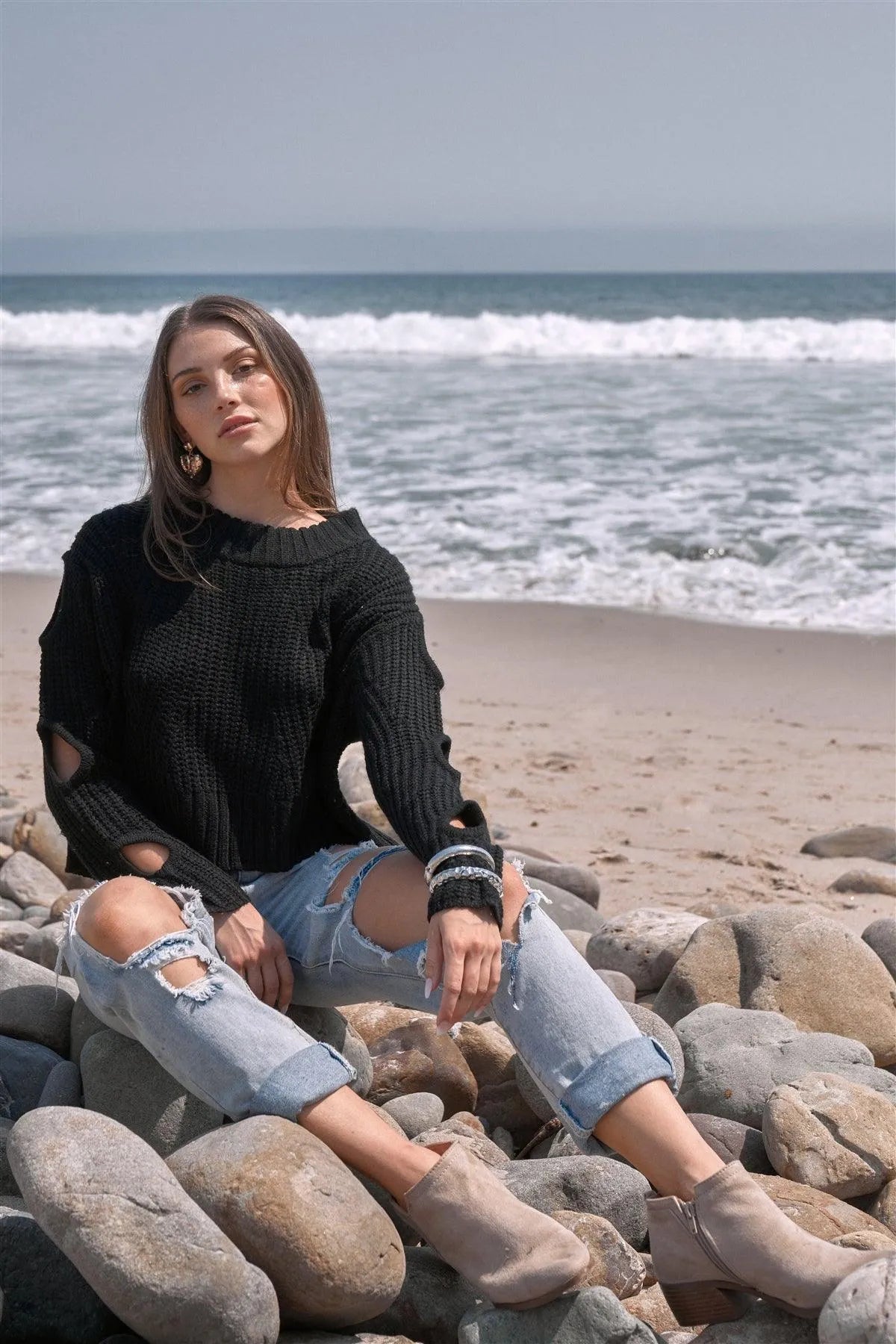 Cozy Days Black Round Neck Long Cut-Out Detail Sleeve Cable Knit Cropped Sweater /4-2 - Tasha Apparel Wholesale