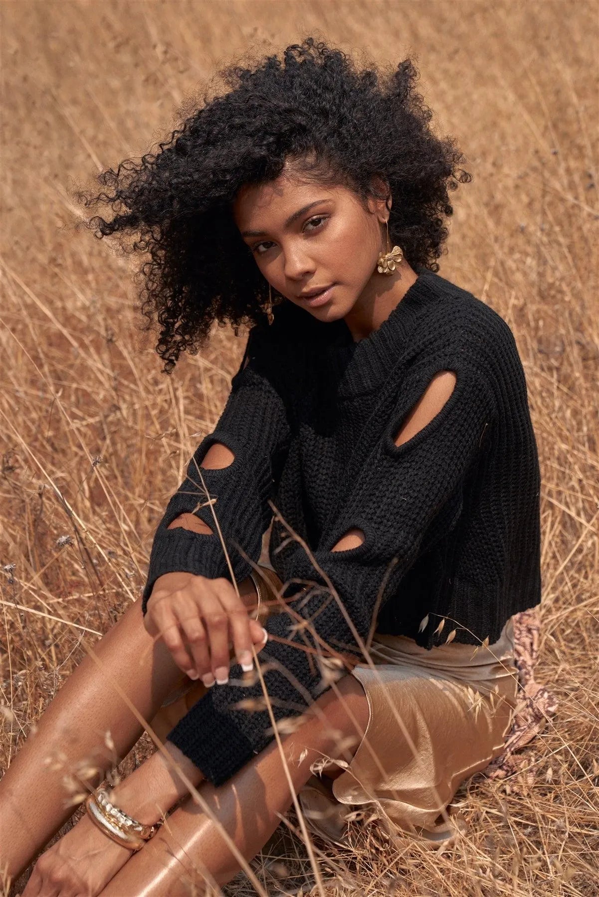 Cozy Days Black Round Neck Long Cut-Out Detail Sleeve Cable Knit Cropped Sweater /4-2 - Tasha Apparel Wholesale