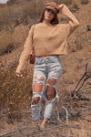 Pumpkin Spice Caramel Round Neck Long Cut-Out Detail Sleeve Cable Knit Cropped Sweater - Tasha Apparel Wholesale