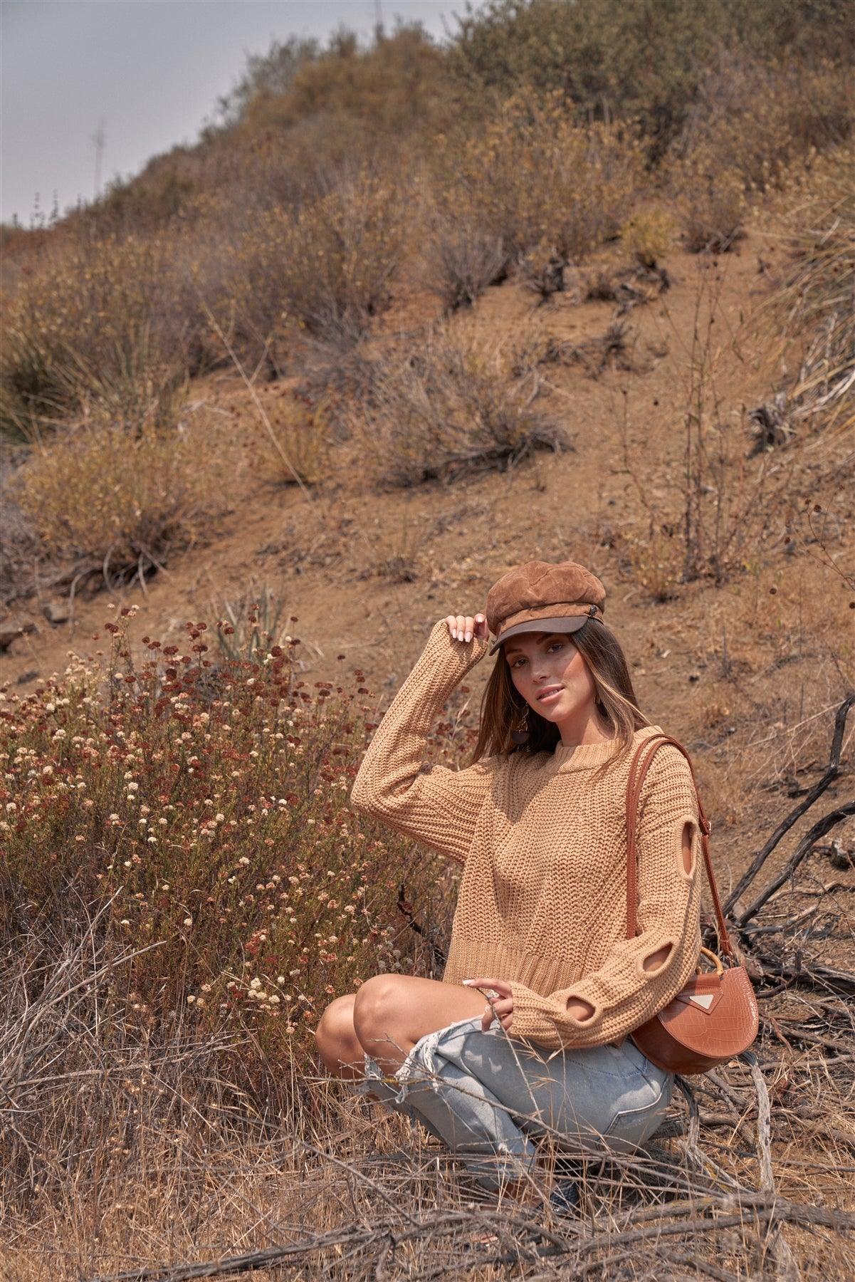 Pumpkin Spice Caramel Round Neck Long Cut-Out Detail Sleeve Cable Knit Cropped Sweater