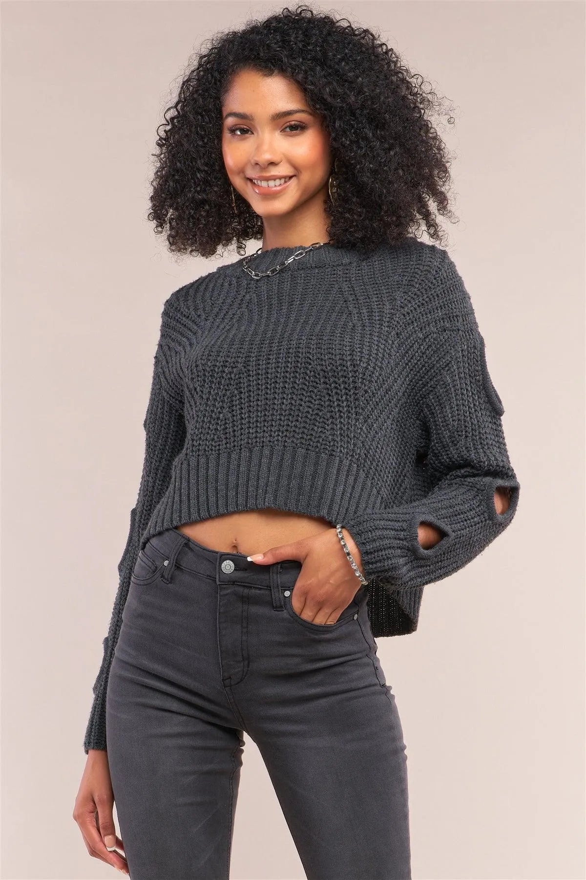 Charcoal Round Neck Long Cut-Out Detail Sleeve Cable Knit Cropped Sweater - Tasha Apparel Wholesale