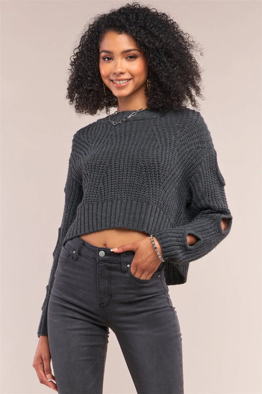Charcoal Round Neck Long Cut-Out Detail Sleeve Cable Knit Cropped Sweater - Tasha Apparel Wholesale