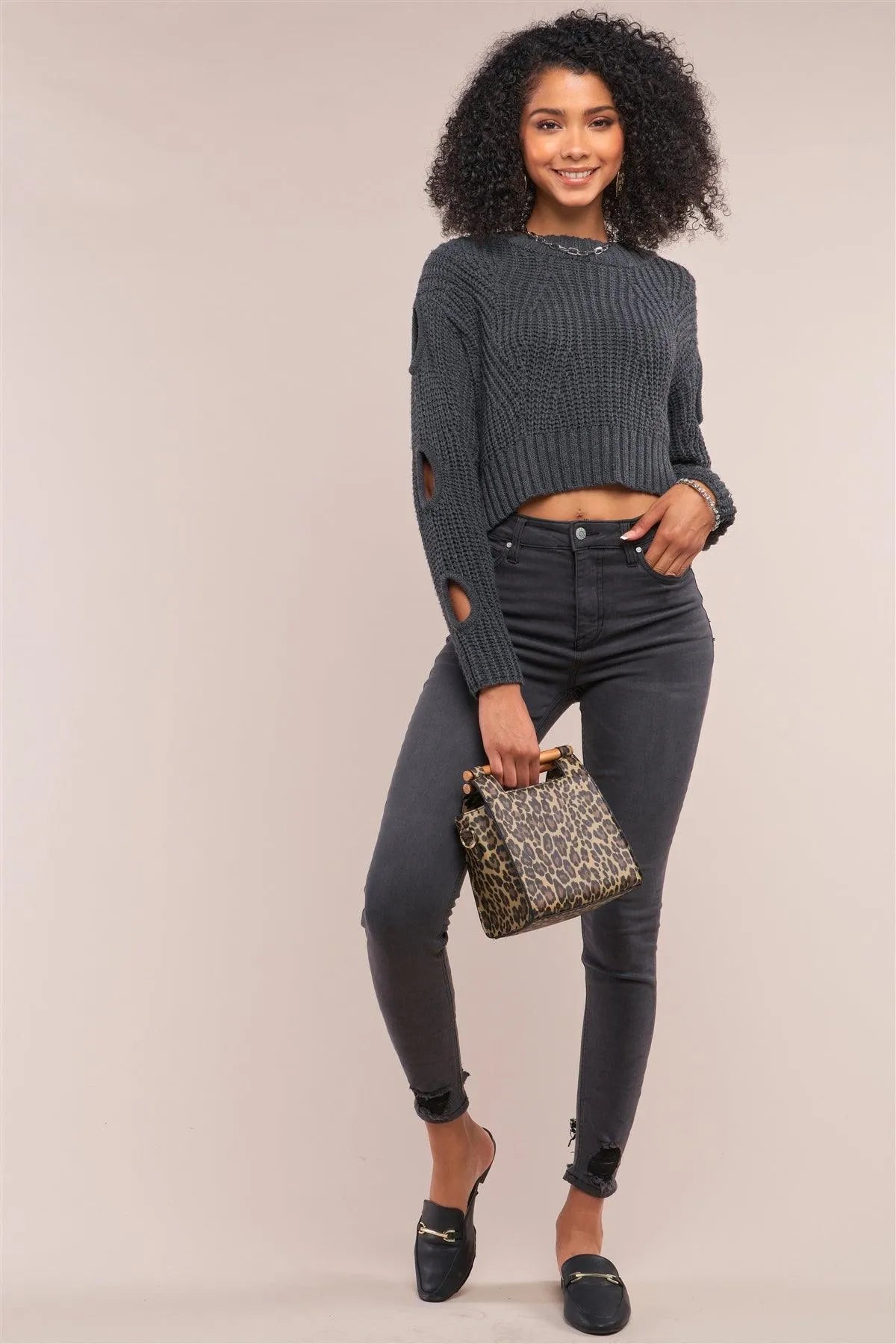 Charcoal Round Neck Long Cut-Out Detail Sleeve Cable Knit Cropped Sweater - Tasha Apparel Wholesale
