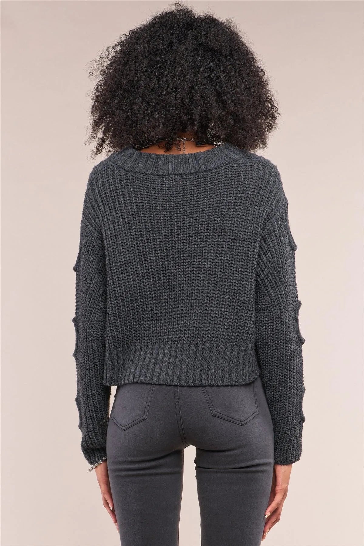 Charcoal Round Neck Long Cut-Out Detail Sleeve Cable Knit Cropped Sweater - Tasha Apparel Wholesale